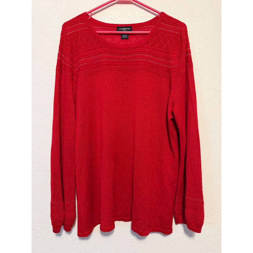 Liz Claiborne Woman Red Metallic Knit Scoop Neck Sweater 2X Long Sleeve Sparkle